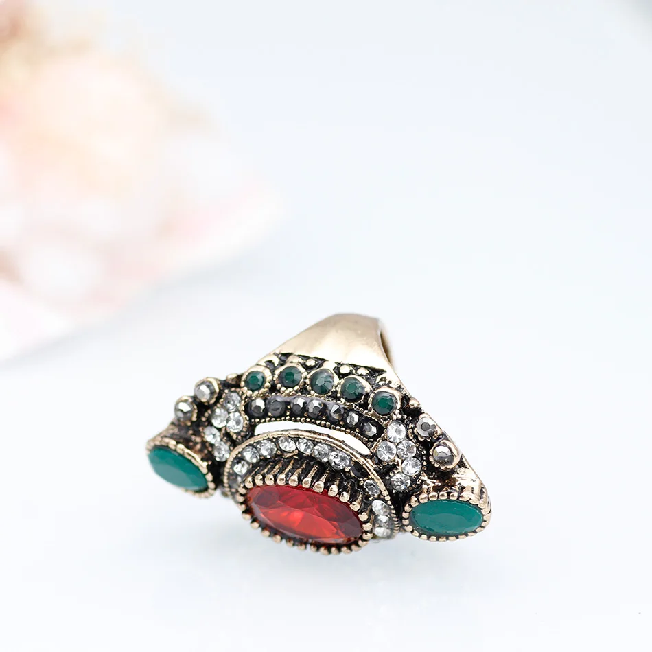 Ethnic Turkey Jewellery Vintage Wedding Rings For Women Color Antique Gold Unique Punk Rock Crystal Resin Ring Gift