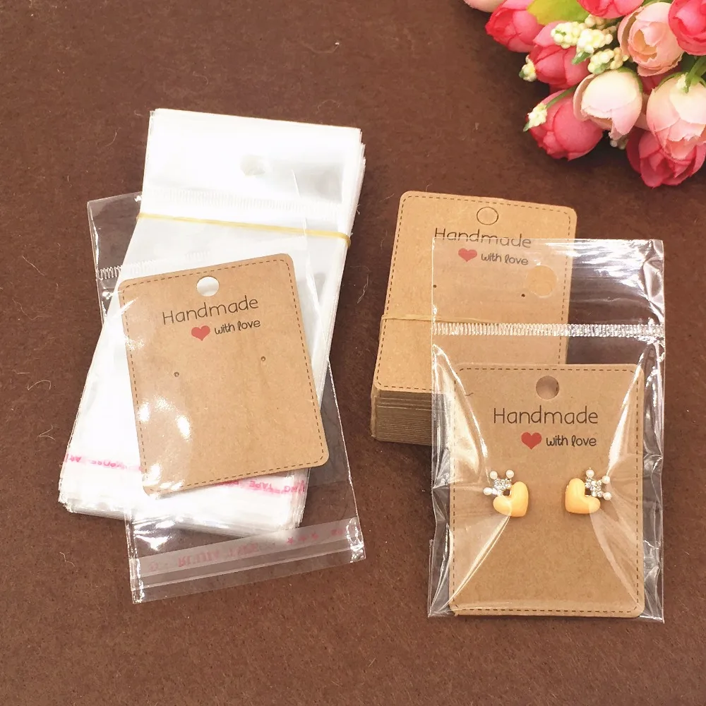 200pcs Kraft Earring Cards+200pcs OPP Bags Paper Jewelry Cards Brown Handmade Earring Displays Cards Fashion Love Gift Earcard