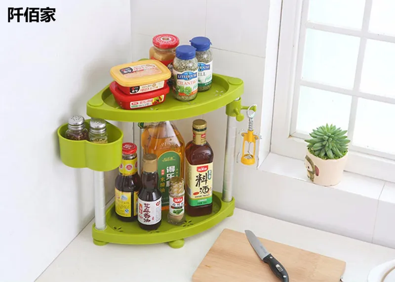 Multifunction 3 Layer Triangular Kitchen Shelf Plastic Assemble Aviation Aluminum Spice Storage Rack For Caster Sundries Holder