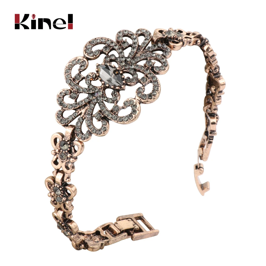 Kinel Luxury Gray Crystal Flower Bracelet For Women Antique Gold Turkish Wedding Jewelry 2018 New