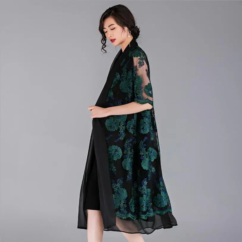 Silky mesh trench female fashion embroidery windbreaker kimono female oversize vacation silk lace trench outerwear wq1454