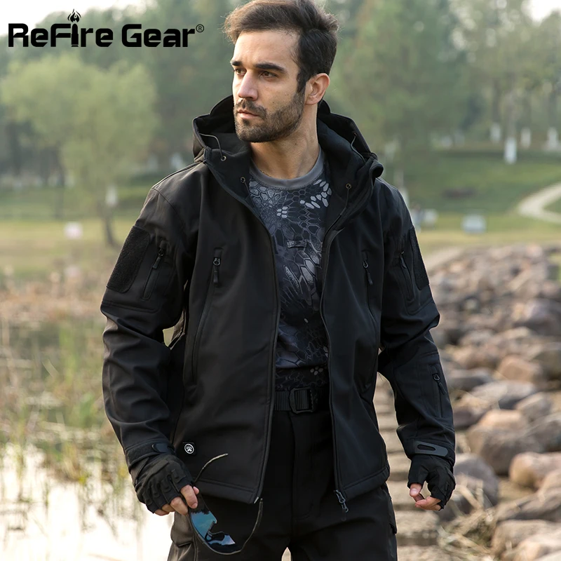 ReFire Gear Navy Blue Soft Shell Military Jacket Men Waterproof Army Tactical Jacket Coat Winter Warm Fleece Hooded Windbreaker