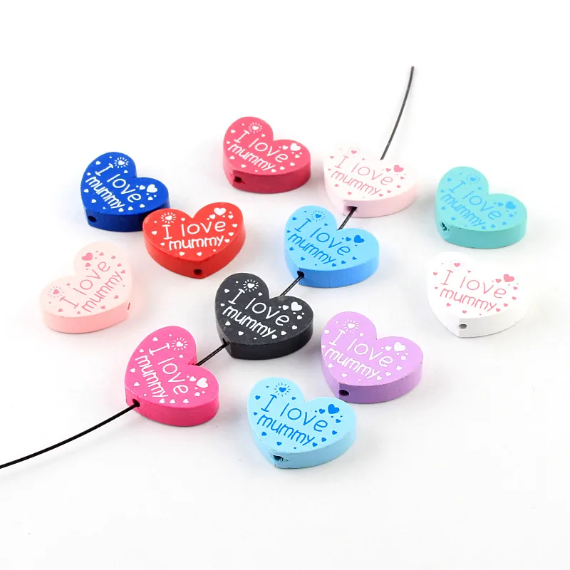 I love mummy pattern Wooden Beads 10pcs Heart Shape Spacer Beads For jewelry Making DIY Wood Pacifier clip Toys 23*30mm