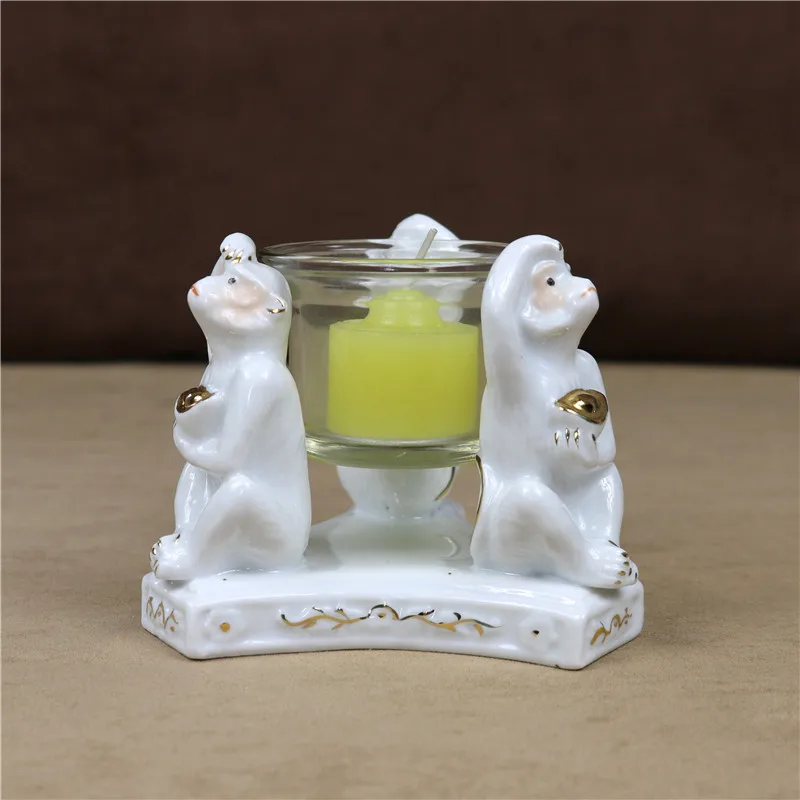 Creative Porcelain Monkey Figurine Candle Holder Decorative Chinese Style Ceramics Candlestick Household Art and Craft Ornament