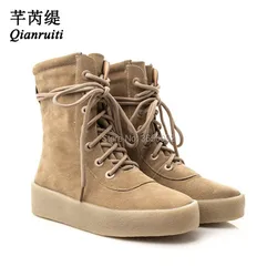 Qianruiti Botas Mujer Faux Suede High Top Shoes Woman Big Size 35-45 Thick Flat Ankle Booties Women Lace-Up Military Crepe Boots