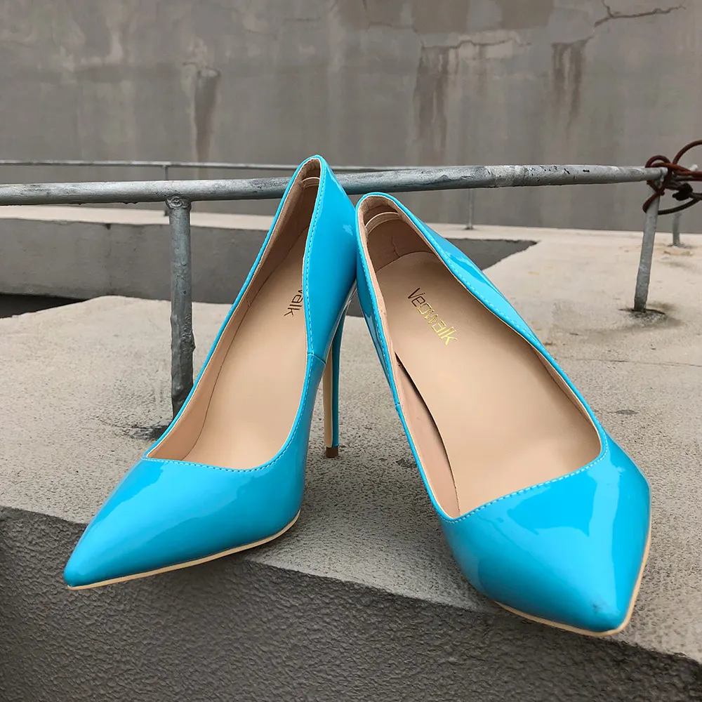 Veowalk Himmel Blau Sexy Frauen Stiletto High Heels Mode Damen Spitz Patent Leder Pumpe Schuhe 8/10/12cm Costomize Akzeptieren