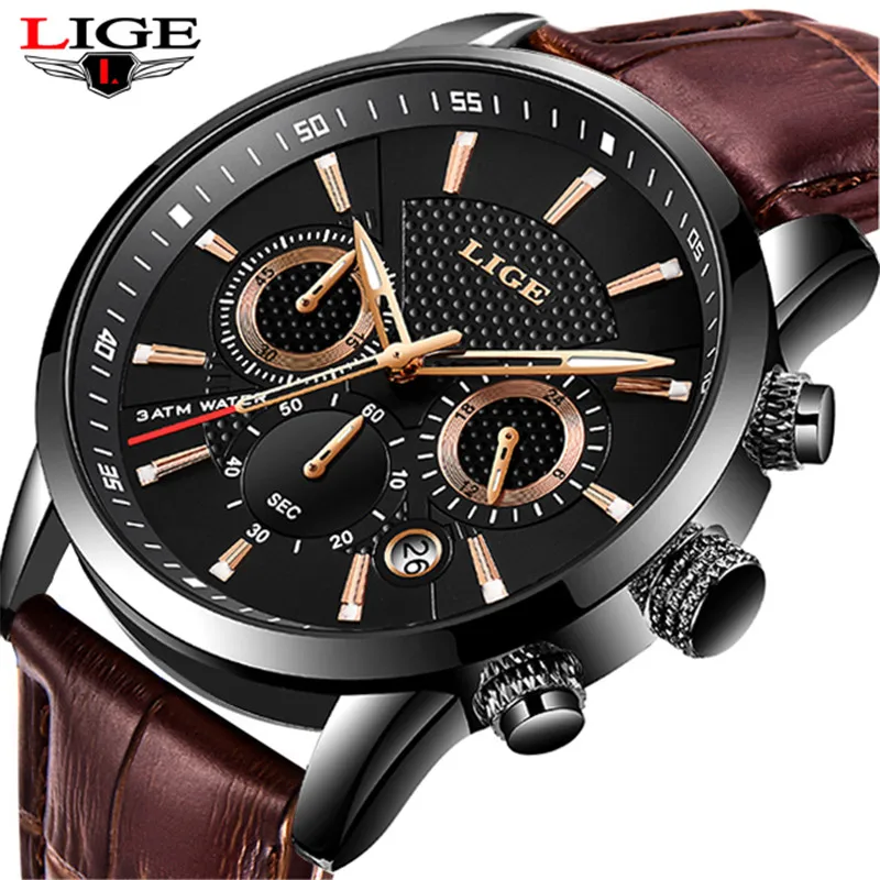 Relogio Masculino Uomini Orologi LIGE di Modo Impermeabile Cronografo Quarzo Di Marca Di Lusso Della Vigilanza Degli Uomini di casual di Cuoio Della