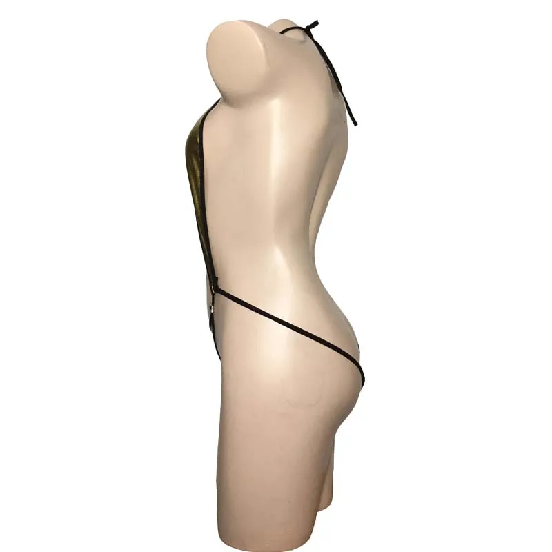 ملابس داخلية نسائية مثيرة Pu ملابس داخلية نسائية من الجلد المعدني اللامع باللون الذهبي بيكيني مكشكش ثونغ قطعة واحدة تيدي ملابس الشاطئ