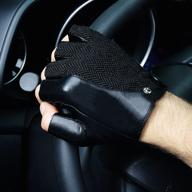 Men's Genuine Leather Semi-Finger Gloves Half Finger Sheepskin Fashion Patchwork Driving Style TB03