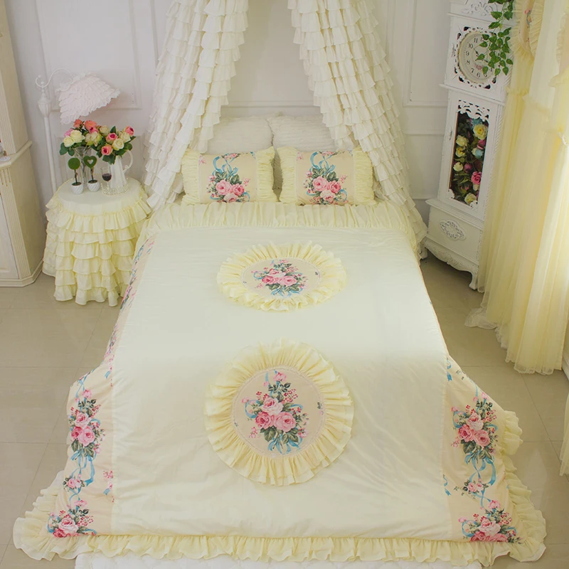 Korean Luxury Beige Yellow Cotton Bedding sets King Queen for GirlsBedroom European American Floral Flower Princess Duvet covers