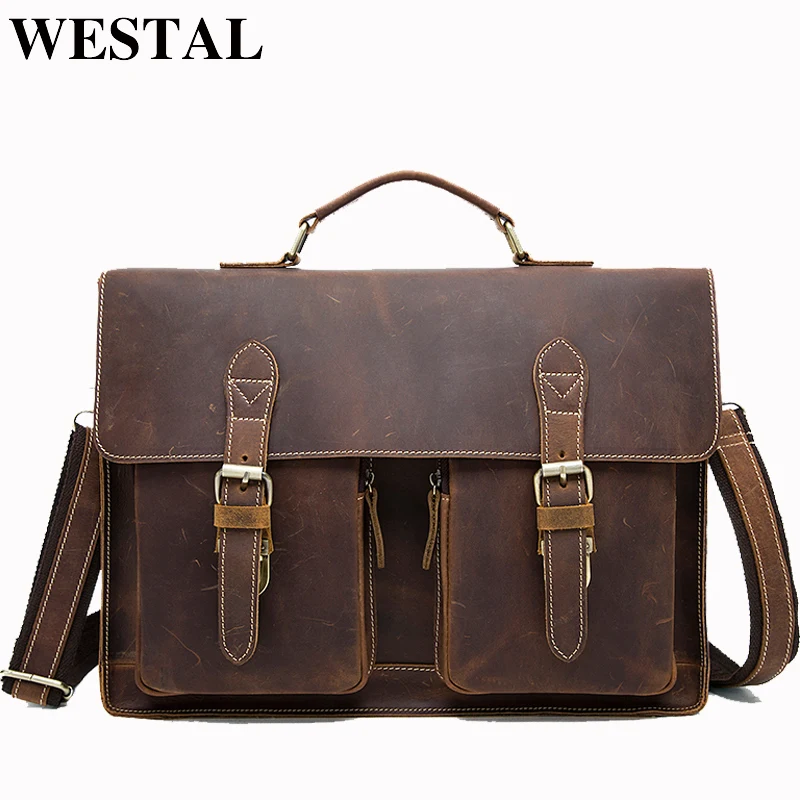 WESTAL Men\'s Leather Bag for Document Crazy Horse Leather Briefcases Bags Leather Men Briefcases for Laptop Bag Messenger Totes