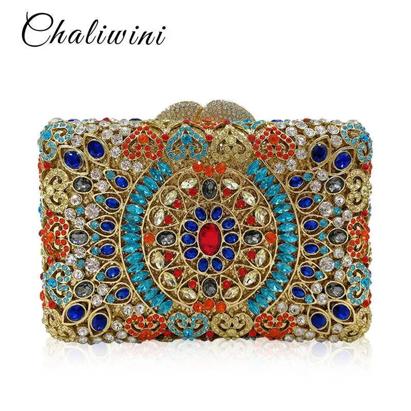 

Luxury Colorful Crystal Evening Bag Flower Diamond Party Purse Pochette Soiree Women Chain Handbags Wedding Bag Day Clutches