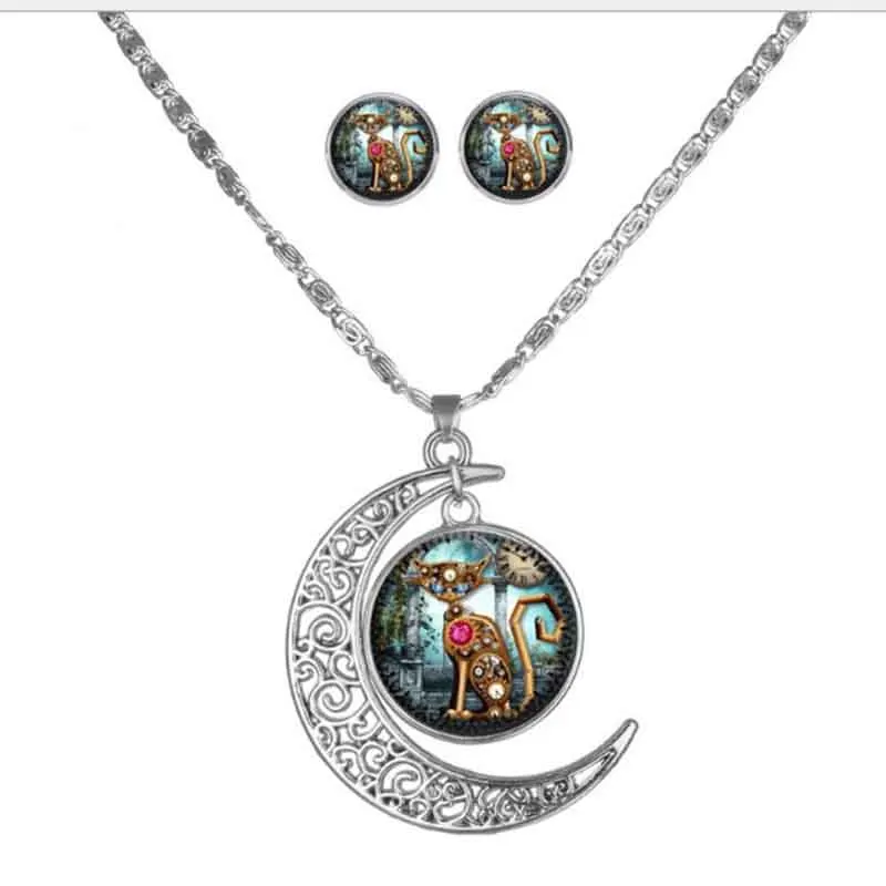 New Moon Necklace Pendant Earrings Sets Manufacturers Wholesale Retro Time Colorful AAA Stone Jewelry Set Free Gift