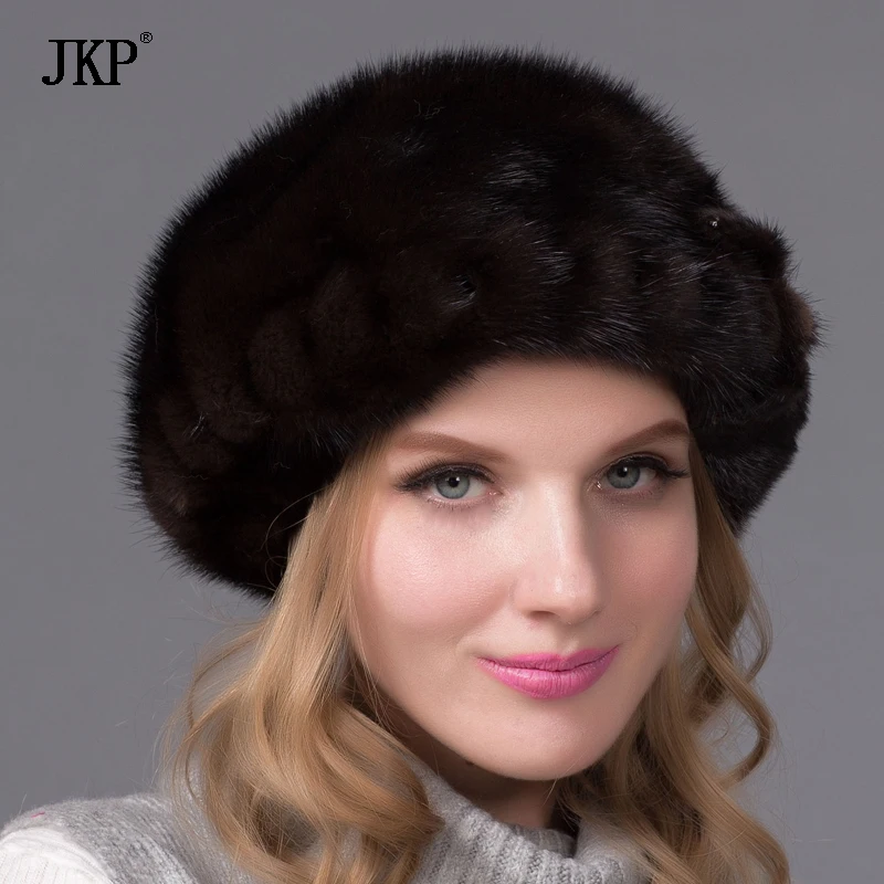 

JKP 100% Beanie Beret Real Natural Mink Fur Hat For Women Winter warm Whole Mink Fur Caps Floral Pattern Warm Fashion Hat