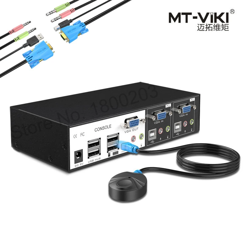 Mt-viki-interruptor KVM de alta calidad, nuevo diseño, VGA, USB, 2 puertos, Hotkey, mando a distancia con Cable y micrófono de Audio, adaptador de corriente de Cable Original