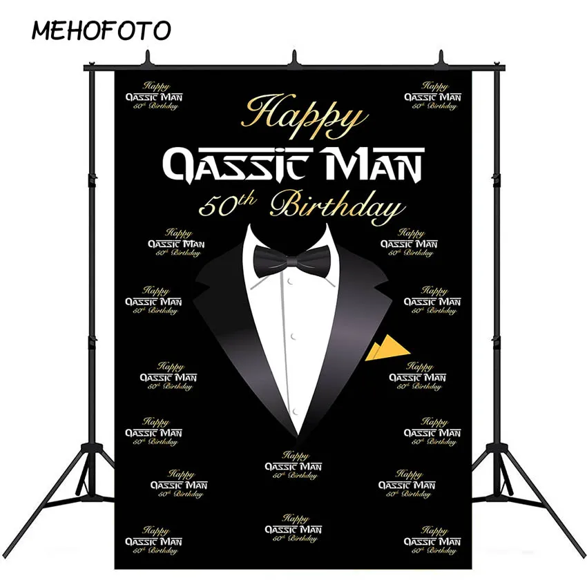 Happy 50th Birthday Backdrop for Men Bow Tie Tuxedo Black Background for Photography Grandfather Father Gentleman Fifty Bday