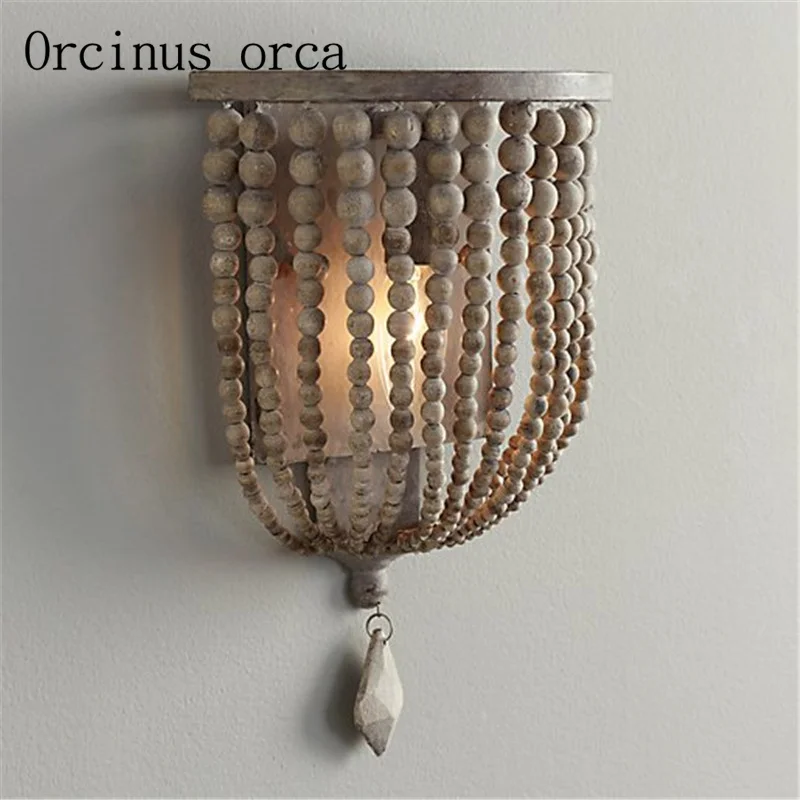 

French retro crystal wall lamp living room corridor Princess Room children's room bedroom bedside wooden beads wall lamp