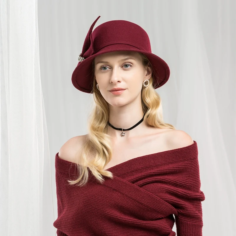 Lady Fedoras Wool Hat Female Woolen Dome Cap Original Design Wool Hat Autumn British Female Set Auger Wool Hat Adjust A03