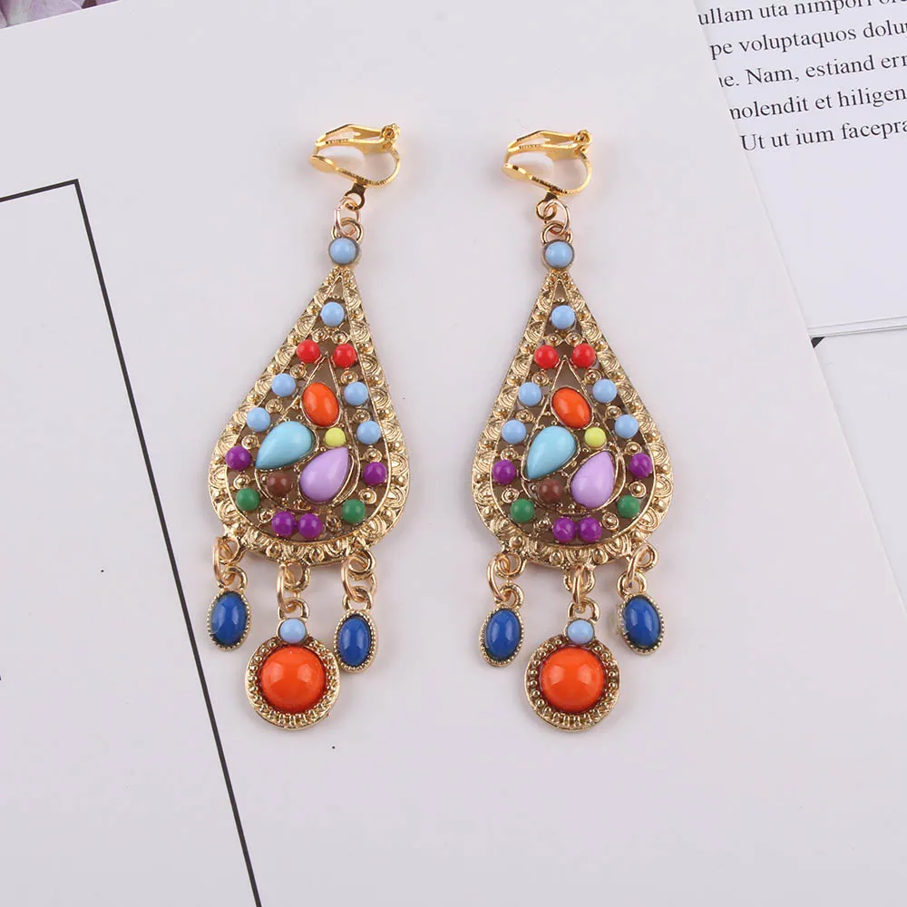 Hot zinc Alloy Bohemia beads Statement Clip on Earrings Fancy Luxury Summer Style Big Without Piercing Earrings For Women gift