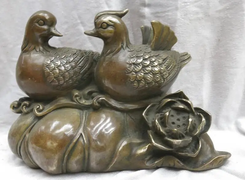 

10" China brass carved copper fine love Lotus mandarin duck sculpture Statue