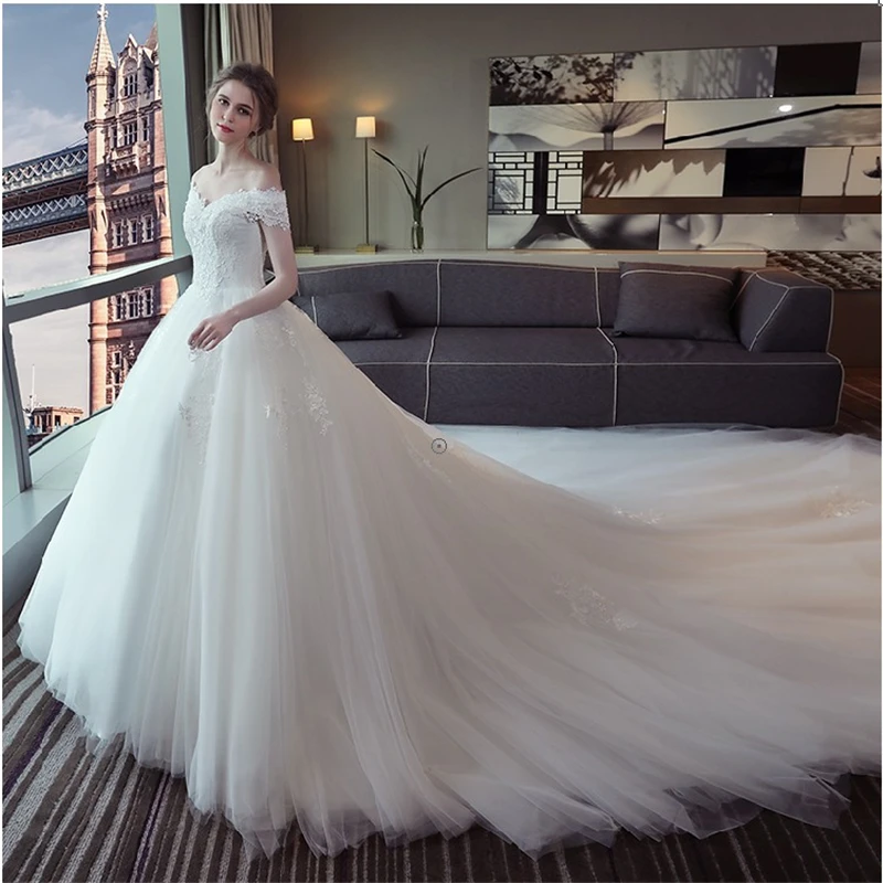 Customized White Princess Wedding Dresses 2025 New Bride Off The Shoulder Sleeveless Women Ball Bridal Gown Robes Long Train