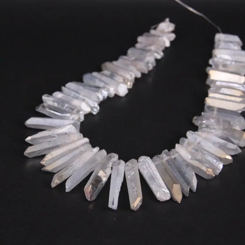 

15.5"strand Grey AB Titanium Crystal Quartz Top Drilled Point Beads,Raw Crystal Stick Graduated Pendants For Jewelry Making