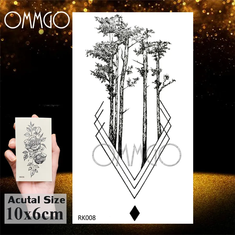 OMMGO Lampadina Albero di Pino Geometrica Temporary Tattoos Sticker Diamante Rotondo Su Ordinazione Del Tatuaggio Body Art Falso Tatuaggi Nero