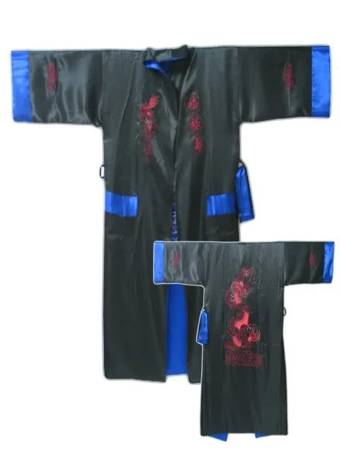 Kimono bordado de seda Reversible para hombre, bata de baño de dragón, talla única, color rojo, negro, chino, envío gratis, R-005