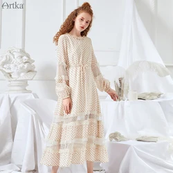 ARTKA 2019 Spring Summer Women Dresses Featured Lace Stitching O-Neck Sweet Dot Dress For Women Adjustable Sashes Dress LA10698C