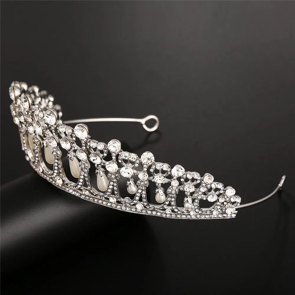 Vintage Silver Color Queen Princess Diana Crown Crystal Pearls Diadem For Bridal Hair Accessories Bride Headbands Tiara De Noiva