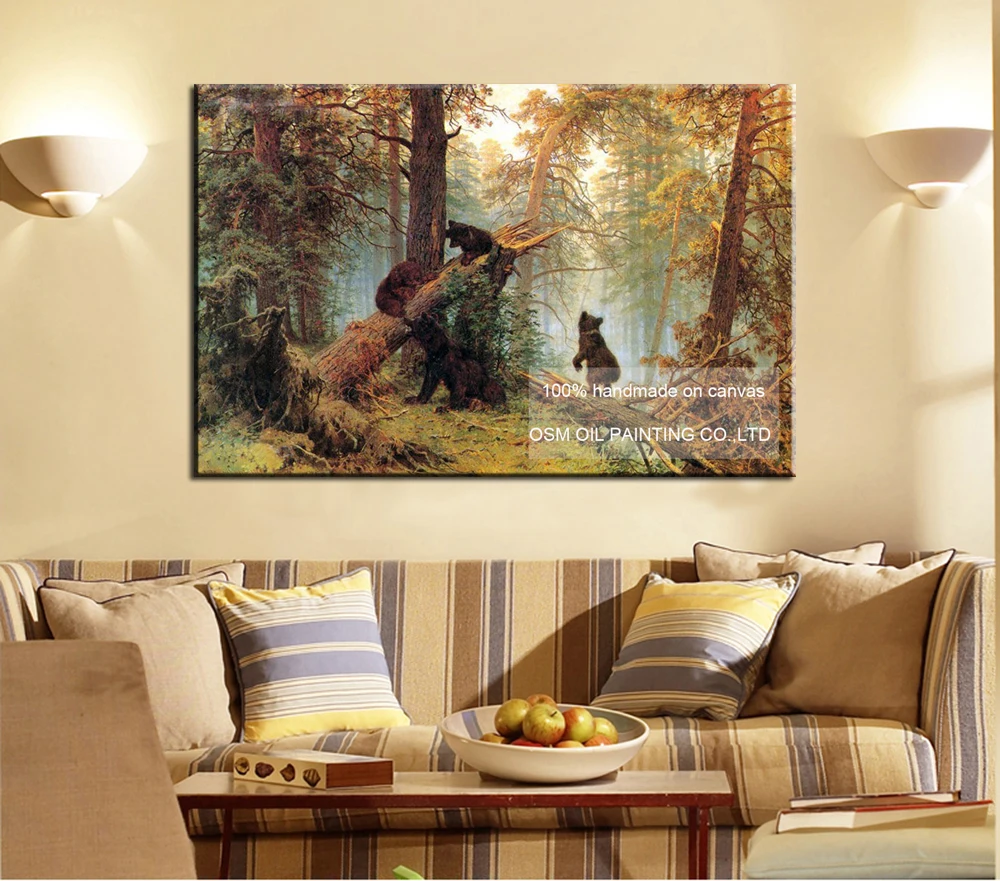 Top Artist Handmade High Quality On the Morning of Pine Forest Oil Painting Wall Decoration Imitation Paintings Bear Landscape