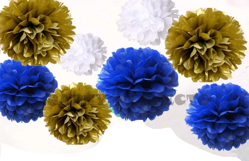 

24xNew mixed sizes Royal blue gold white tissue paper bunting pom poms wedding party wall hanging decorative banner garland