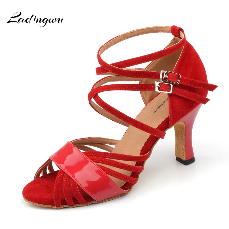 

Ladingwu Hot Selling Flannel Collocation PU Dance Shoes Ladies Latin Red Salsa Ballroom Dance Shoes Women's High Heel Shoes