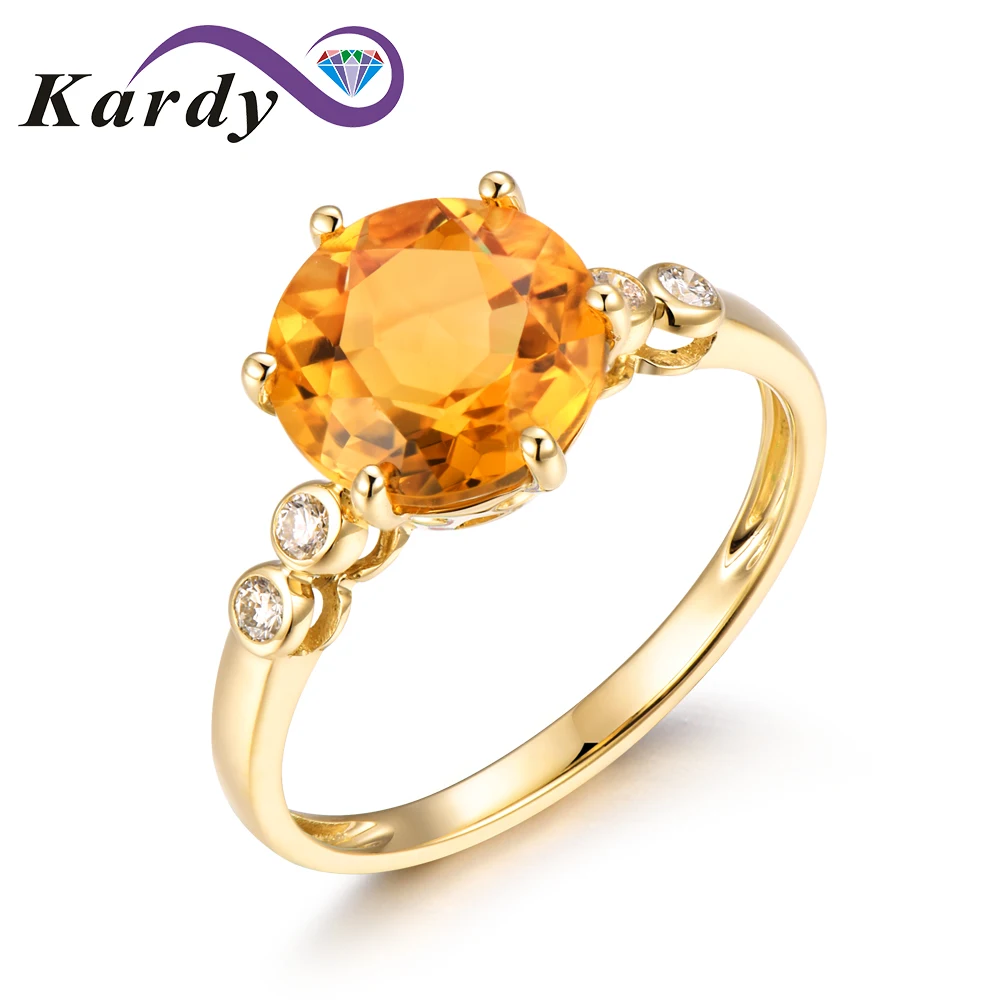 

Fashion Natural Citrine Gemstone Wedding Promise Real Diamond Bridal Lover's 14K Solid Yellow Gold Band Ring