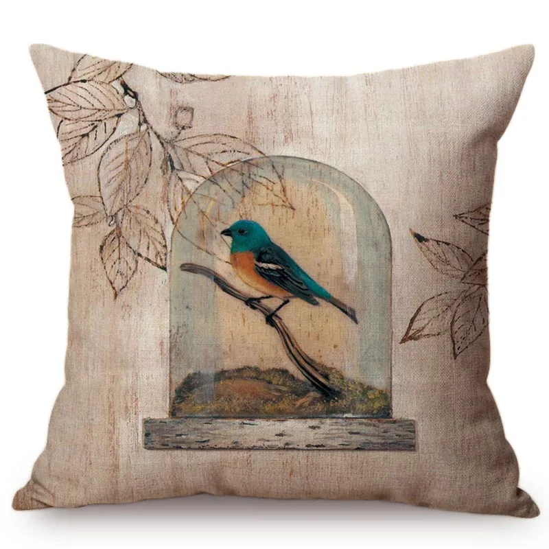 Vintage Style Oil Painting Birds Cushion Covers European Retro Flowers 3D Painting Art Cushion Cover Cotton Linen Pillow Case