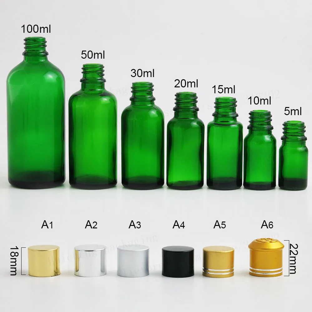 200 xTravel Empty Green glass essential oil bottle with aluminum lids cosmetic packging 100ml 50ml 1oz 2/3oz 1/2oz 1/3oz 5ml