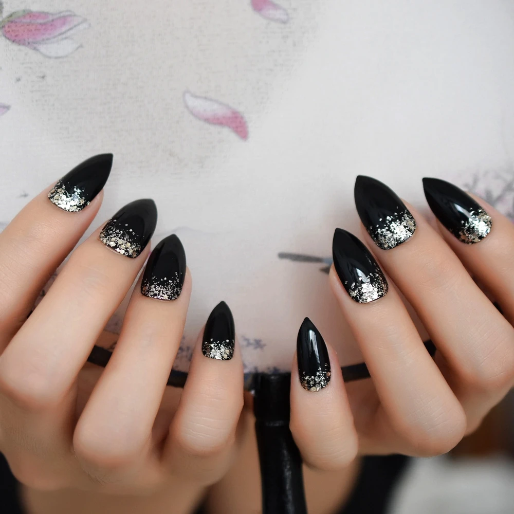 Purpurina Stiletto uñas negro puro medio uñas plata polvo decoración uñas acrílico pre-diseñado punta más afilada