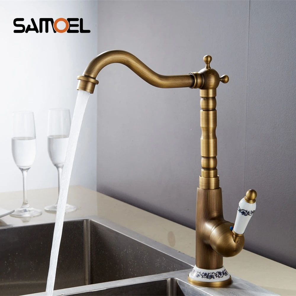 

High Quality Antique Brass Finished faucet Mixer Taps Deck Mounted Luxury Appearance with porcelain torneira banheiro AF1070