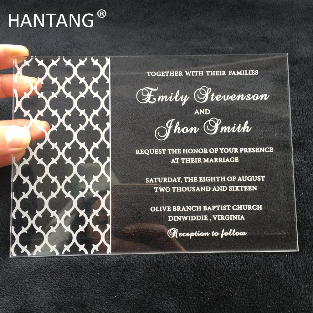 

Customized 100pcs per Lot Simple element 5x7inch laser engraved letters clear acrylic wedding invitation card