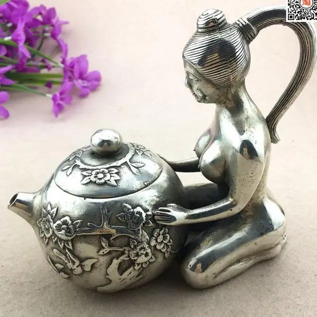 

Rare Ming Dyansty(XuanDe) Silver teapot statue, Beautiful girl,Free shipping