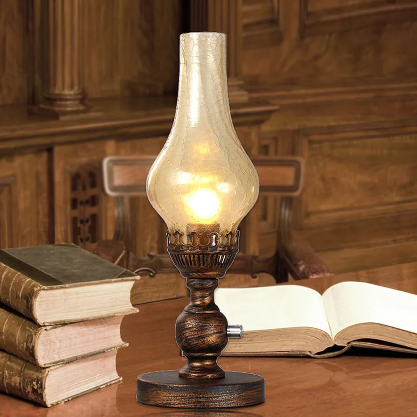 

European Vintage Kerosene Table Lamp for bedroom study,Frosted glass lampshade retro bedside lamp with Dimmable Knob switch