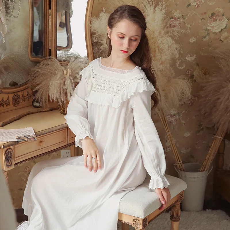 

Free shipping Women Sexy White Pure Cotton Nightgowns Female Vintage Household Royal Gowns Home Wear Dress Vestidos WQLX906