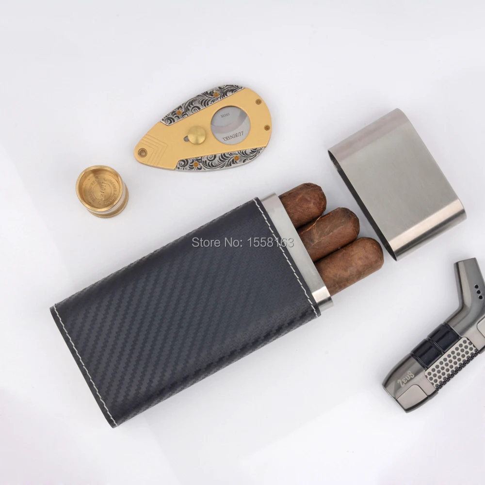 

Stainless Steel Cigar Case Carbon Fiber Wraped Cigar Holder For 3 Cigars Humidor 54 Ring Cigar Tube Best Smoking Tool