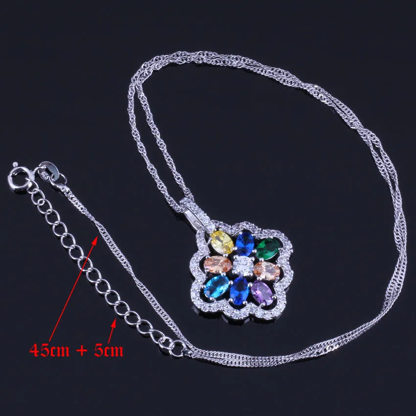 Flower Multigem Multicolor Yellow Cubic Zirconia Silver Plated Jewelry Sets Earrings Pendant Chain Ring V0289