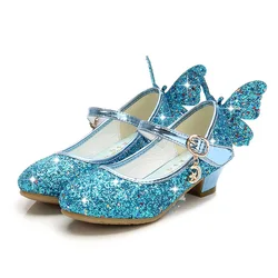 Children's Girls Shoes Baby Performance Crystal Dance Shoes Blue Bowknot Girls Sequins High Heels Princess Shoes 2022 Non-slip