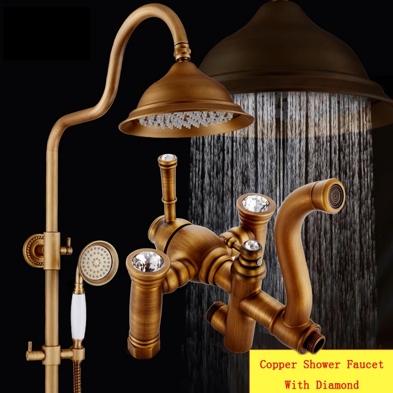 Copper diamond shower faucet set shower head, Antique bathroom brass shower set, Wall mounted rain shower faucet mixer water tap