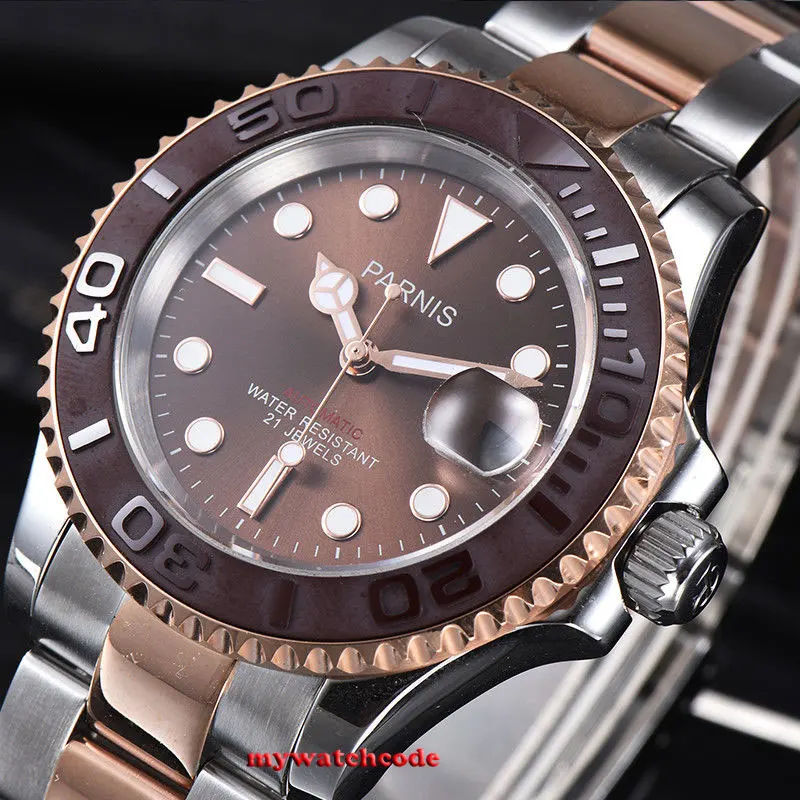 41mm Parnis Brown Dial Sapphire Glass Ceramic Bezel Miyota Automatic Men Watch Auto Date Rose Gold Plated Oyater Bracelet P981