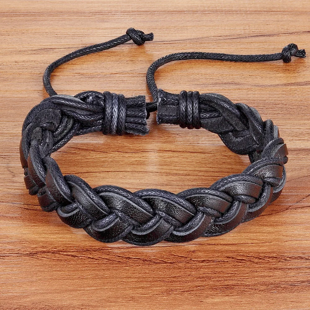 TYO Fashion Charm Leather Bangle Men\'s Bracelets Popular DIY Bandage Handmade Black Weave Bracelets!Resize 18-25cm