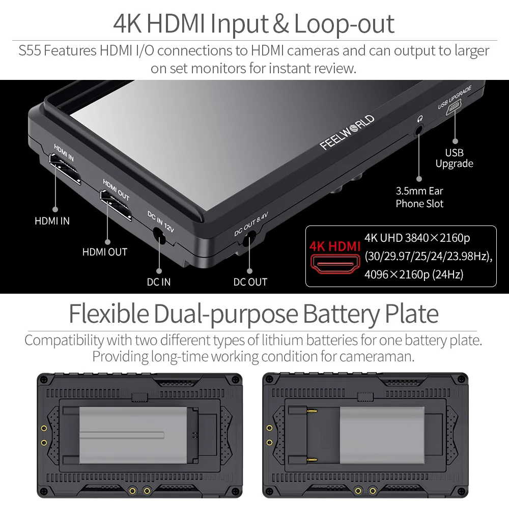 FEELWORLD S55 5.5 Inch IPS on Camera Field DSLR Monitor Focus Assist 1280x720 Support 4K HDMI Input DC Output Include Tilt Arm