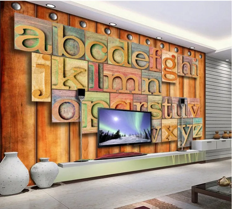 

Retro fashion 3d English alphabet TV background wall decoration painting personality wallpaper living room bar cafe mural wall